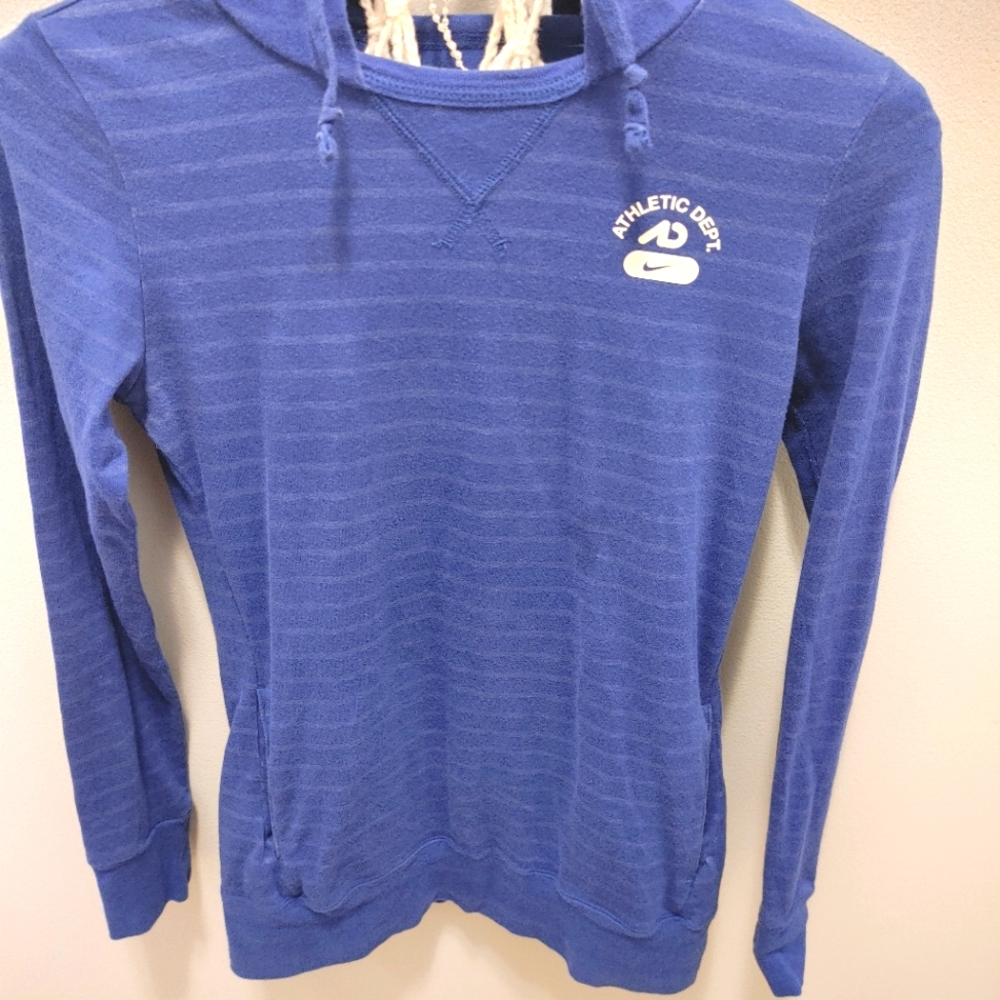 Nike long sleeve hooded shirt, blue with faint grey lines, size medium